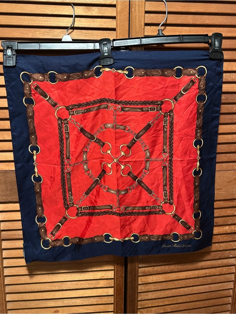 Vintage Lauren Ralph Lauren Blue, Red, Tan & Gold Equestrian Design Silk Scarf